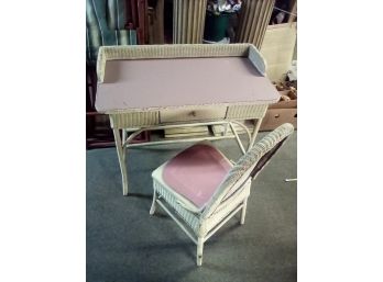 Vintage White Wicker Desk With One Wood Drawer & Chair Set - Has Loads Of Charm      CAVE