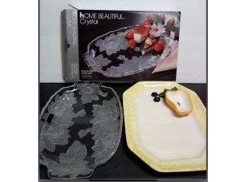 Gorgeous Crystal Platter, New In Box And Ceramic Hand Painted Platter With Sculptured Features E3