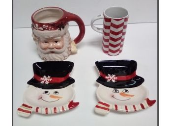 Snowmen Colorful Ceramic Trinket Or Snack Trays And Starbucks 8 Oz. Striped Cup And Santa Toby Jar E2