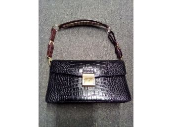 Black Prada Shoulder Bag  With Reptile Skin Appearance - 2 Inner Sections With Pockets & Zippered Space  A5
