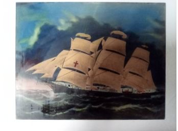 Beautiful Reverse Glass Handpainted 14 X 11 In. Image Of Large Sailing Ship On Glass Panel  B3