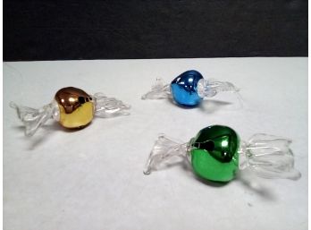 Pretty Bell Ornaments That Look Like Wrapped Candies  - (3) Metal And Polymer With Fishing Line To Hang  A2