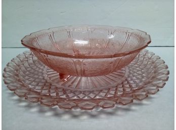 Lovely Pink Toned Depression Glass Duo - Embossed Footed Flowers With Scallop Design & Diamond Pattern  B3