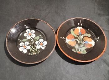 Two Vintage Sarospatik Hand Painted Flowers Pottery Plates.  A3