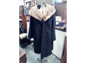 Black Soft Curly Fabric Coat With Fur (mink?) Collar And Satin Lining, Hidden Hooks To Close.  E3
