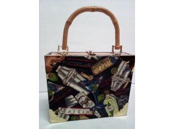 Lovely Cigar Box Design Purse With Velvety Animal Print Lining, Brass Accents, Bamboo Handle.  A2