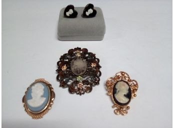 Beautiful Lot Of Cameo Jewelry - Decorative & Enamel Pins And Cut Glass Screw Type Earrings  A3