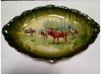 La Belle China Large Serving Bowl Platter Depicts Tranquil Forest Scene With Herd Of Deer  E5