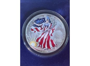 Beautiful Hand Painted Walking Liberty 1 Oz Fine Silver Dollar 1999 US Mint. With A COA, Case And Info Paper.