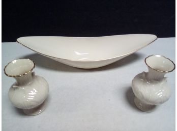 Beautiful Lenox (USA) Trio - 2 Small Vases And Long Narrow Serving Dish Handcrafted With 24K Gold A2