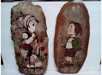 Pair Of Handpainted Hummel  Like Girl And Boy Painted On Wood (one On Driftwood) - Hanging Wall Art  C2
