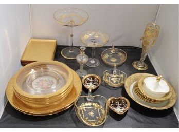 Large Collection Of Vintage Gold Rimmed, Banded And Decorated Patterns Crystal & Glass Dishware  E1