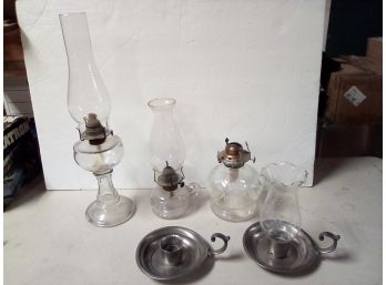 Three Hurricane Lamps & 2 International Pewter Candlestick Handled Holders - 1 With Glass Chimney B3