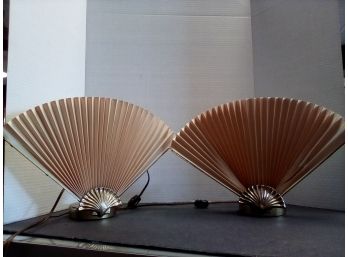 Vintage Brass And Paper Seashell Motif Candlestick Type Lamps With Plastic Fan Shades  D2