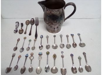 Lovely Silverplate Paul Revere Reproduction Pitcher, Utensils, And 22 Vintage Collector Spoons  A3