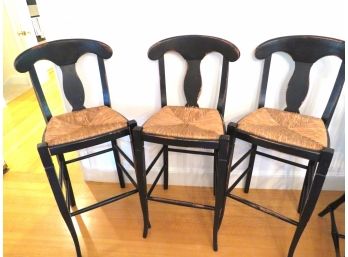 Trio Of Black Bar Counter Stools With Rush Seats