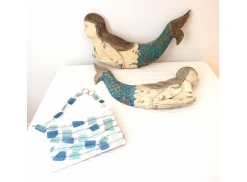 Pair Of Wood Mermaids And String Of Sea Glass