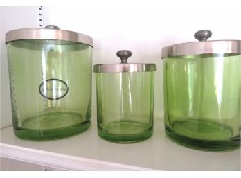 Trio Of Green Earl & Wilson Glass Jars With Lids