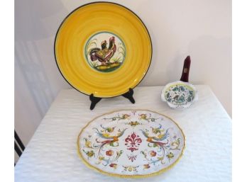 3 Piece Chicken Platter And Painted Ceramics