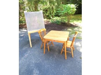 Kid's Size Table And Chairs And Artist Easel