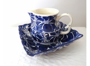 Blue And White Ceramic Pitcher And Bowl Set