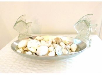 Pair Of Glass Fish Bookends And Sea Shell Bowl