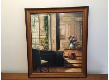 Framed Print On Canvas Of Desk And Flowers At A Window