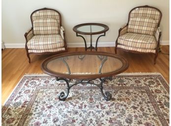 Ethan Allen Wrought Iron, Hardwood And Glass Coffee Table And End Table Set