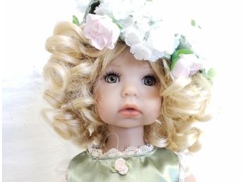 Lovely 20' Porcelain Curly Blonde Haired Hazel Eyed Collector Doll With Stand