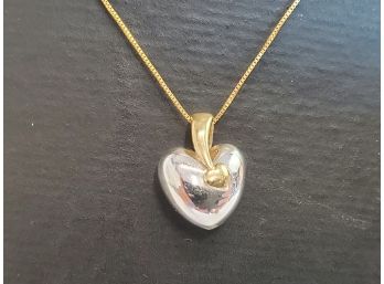 Pretty Sterling Silver & 14Kt Yellow Gold Heart Shaped Pendant & 14K Gold Box Chain