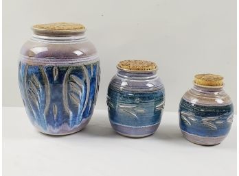 Trio Of Handmade Pottery Ginger Jar Shaped Canister Set With Cork Lids -artist Signed - Early 1990s