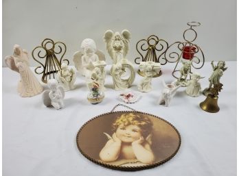 Adorable Lot Of Angels - Figurines, Wall Art Picture, Brass Bell And More
