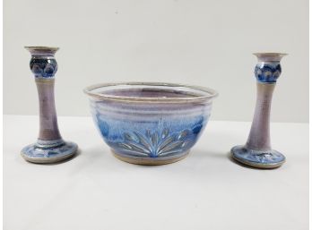 1990s Handmade Pottery Bowl & Matching Candlestick Holders