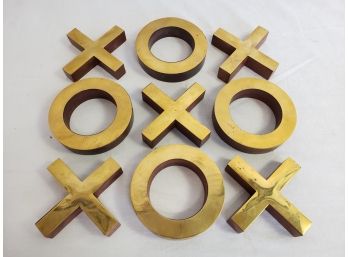 Large Wood & Brass Two Sided Tic Tac Toe XO Pieces