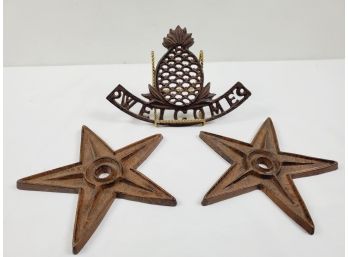 Decorative Wrought Iron Grouping - Welcome Sign & Pair Of Star Candlestick Holders