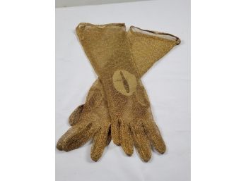Antique Pair Of Ladies Gold Metallic Mesh Fishnet Long Gloves