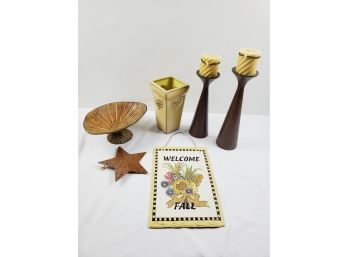Nice Assortment Of Home Decor - Ceramic Vase, Wood Candlestick Holders, Welcome Sign & More