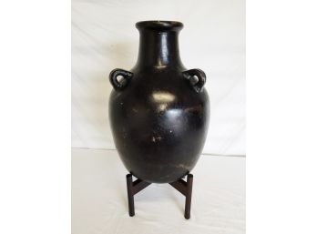 Large Dark Brown Pottery Three Handle Amphora Style Planter Jug