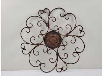 Handsome Brown Scrolled Wrought Metal With Carved Center Medallion Wall Hanging Decor