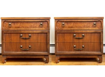 Pair Of Mid Century Walnut Burlwood Asian Nightstands