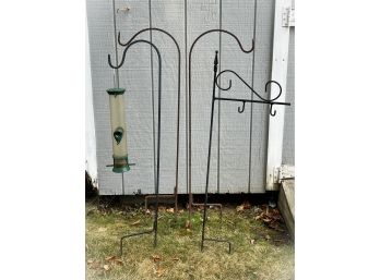 Lot Of Three Shepperd Hooks, A Flag Holder & Droll Yankees The New Garden Bird Feeder