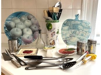 Group Of Kitchenware With S.A. Wright- Signed Country Pie Themed Cutting Board And Lots More