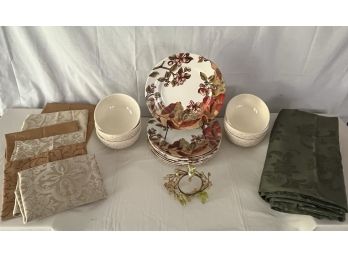 Dinnerware Set With American Atelier Bianca Cream Soup Bowls, Royal Stafford Serving Plates, Etc.