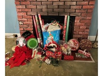 Group Of Christmas Decorations And Supplies With Wrapping Paper, Gift Bags, Ribbons, Etc.