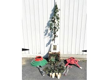 Christmas Decor Lot Including Garland, Two Tree Stands And Christmas Tree Picture Frame