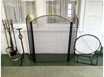 Century Three Panel Fireplace Screen, Brass Finish Five Piece Tool Set, Round Log Rack And Tall Candle Holder