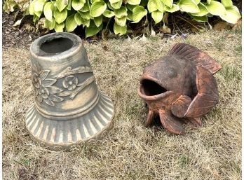 Vintage Ceramic Garden Decor- Low Bird Bath Or Gazing Ball Stand & Koi Fish