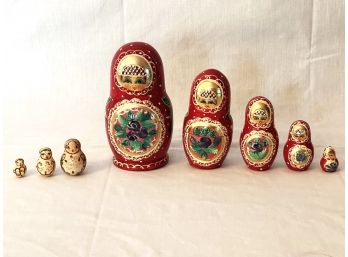 Vintage Signed Matryoshka Nesting Dolls - Set Of Five & Three Miniature Nesting Dolls