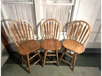 Trio Of Solid Oak Swivel Bar Stools