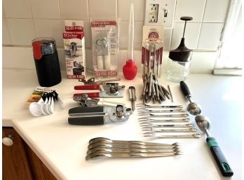 Group Of Kitchen Essentials, Crate&barrel, Trudaeu, Swing-A-Way, And Bodum Coffee Grinder